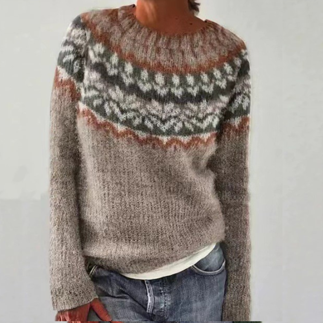 Cleo Retro Sweater featuring a soft wool blend with a vibrant multicolored pattern, perfect for stylish warmth in any season. - 1
