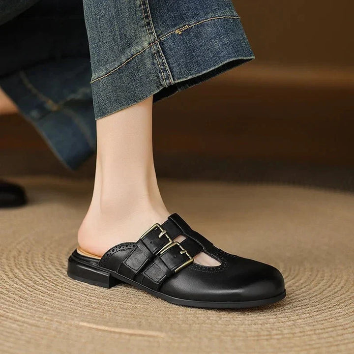 Theodora Mule Heels featuring soft leather material and a comfortable block heel, perfect for stylish and easy wear. - 35