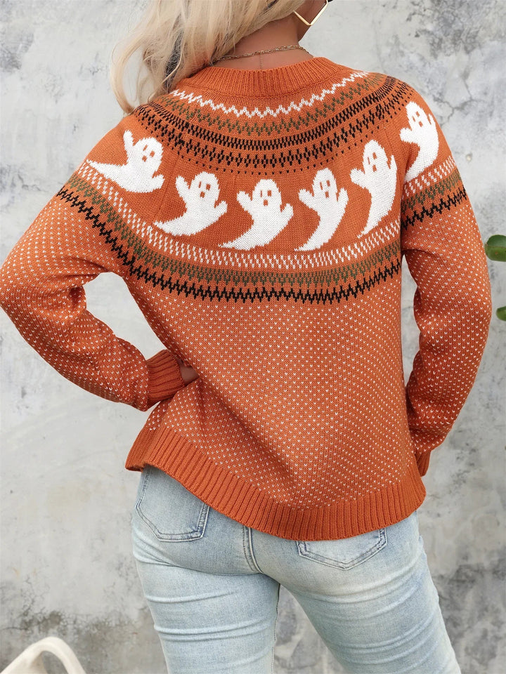 Women's Ghost Halloween Sweater, Polka Dot Knit, Crew Neck