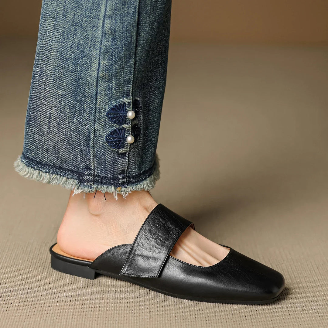 Yena | Leather Square Toe Chunky Heel Mules