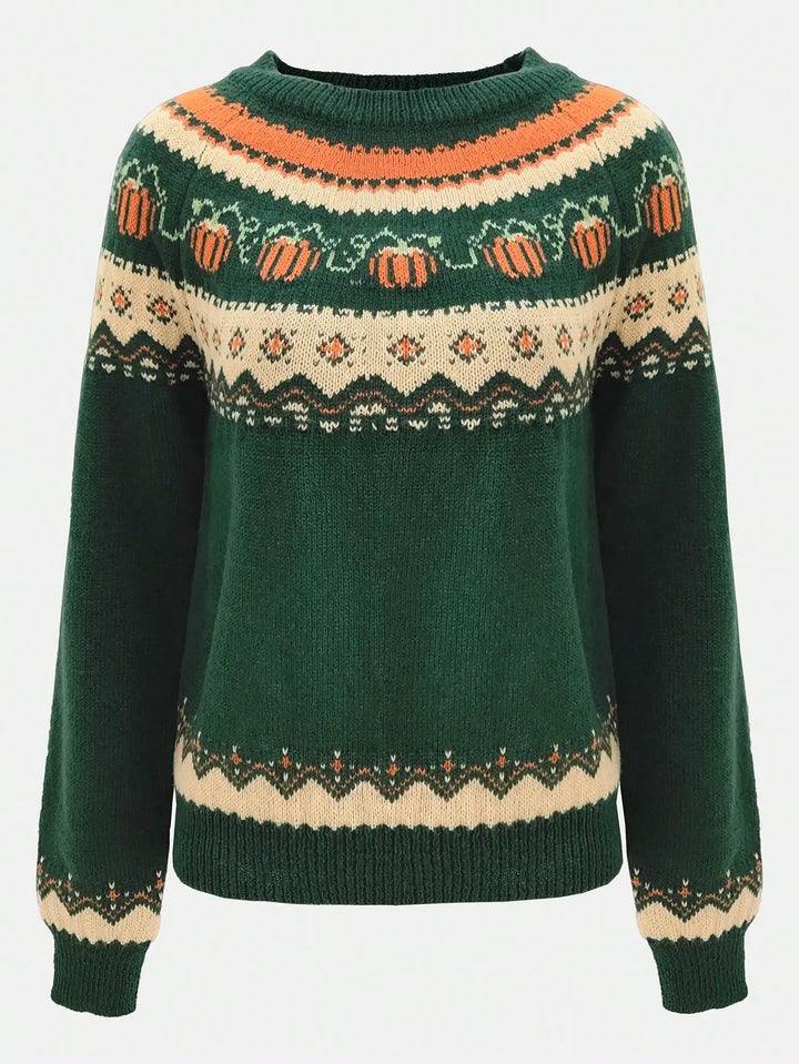 Punkin Sweater featuring a stylish jacquard design in soft wool, perfect for cozy autumn outfits. - 8