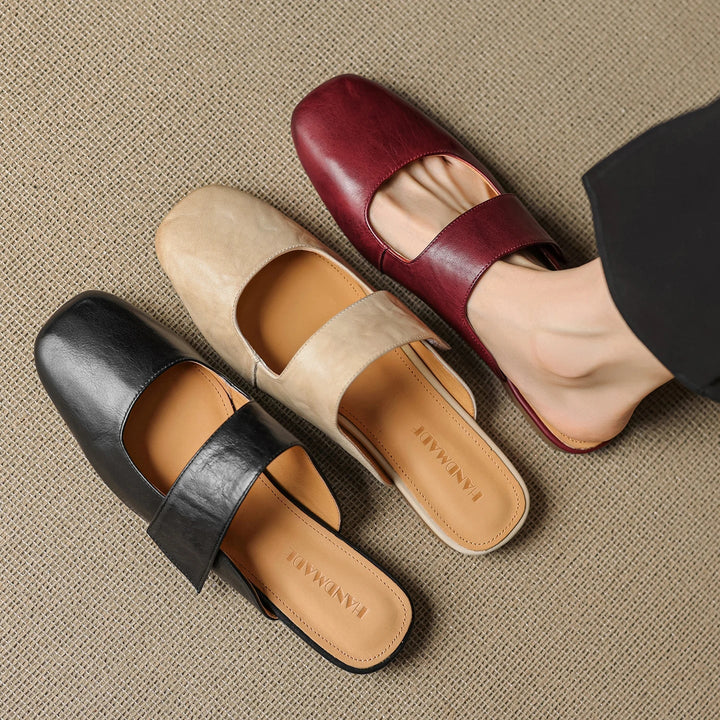 Yena | Leather Square Toe Chunky Heel Mules