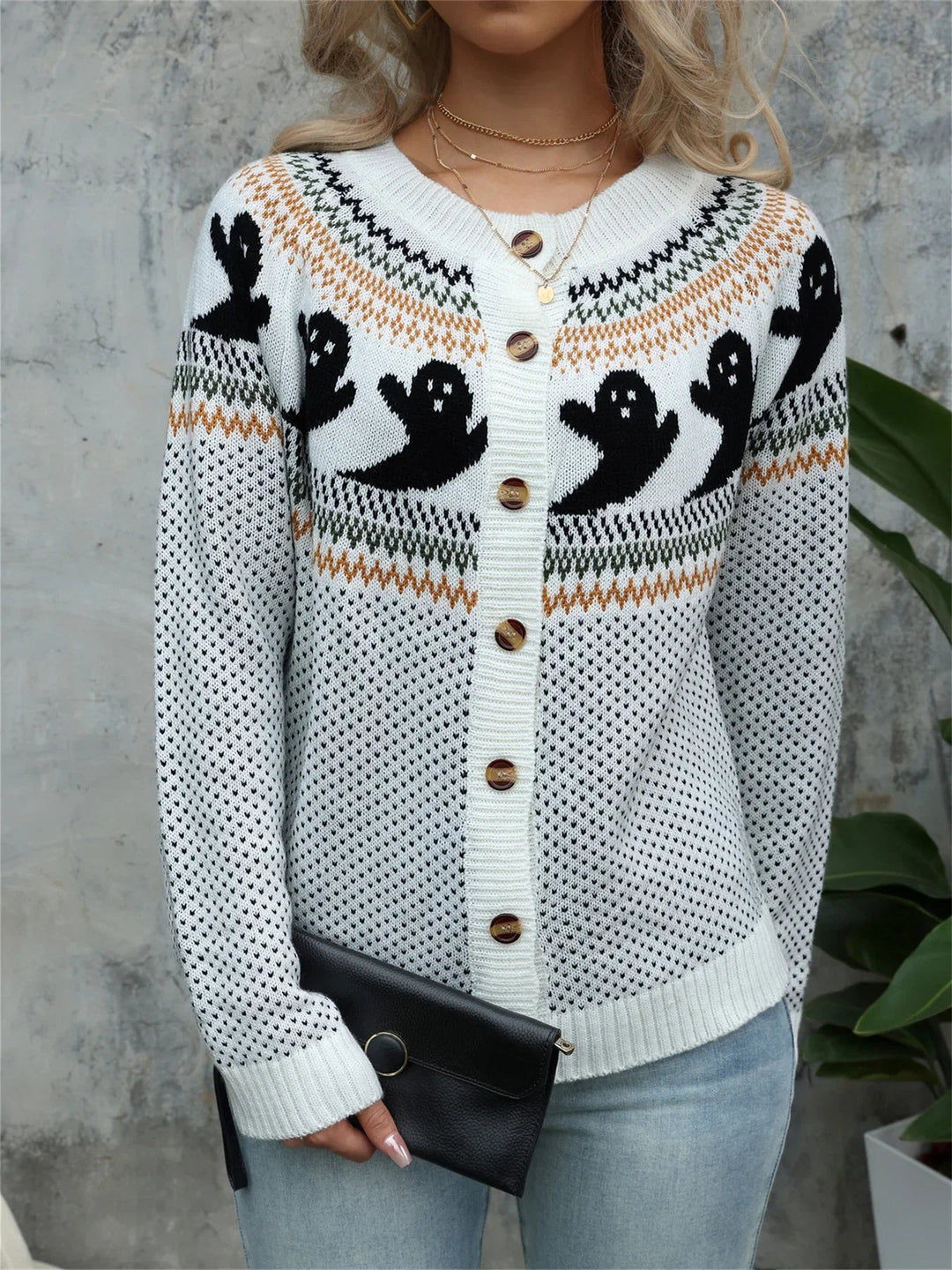 Women's Ghost Halloween Sweater, Polka Dot Knit, Crew Neck