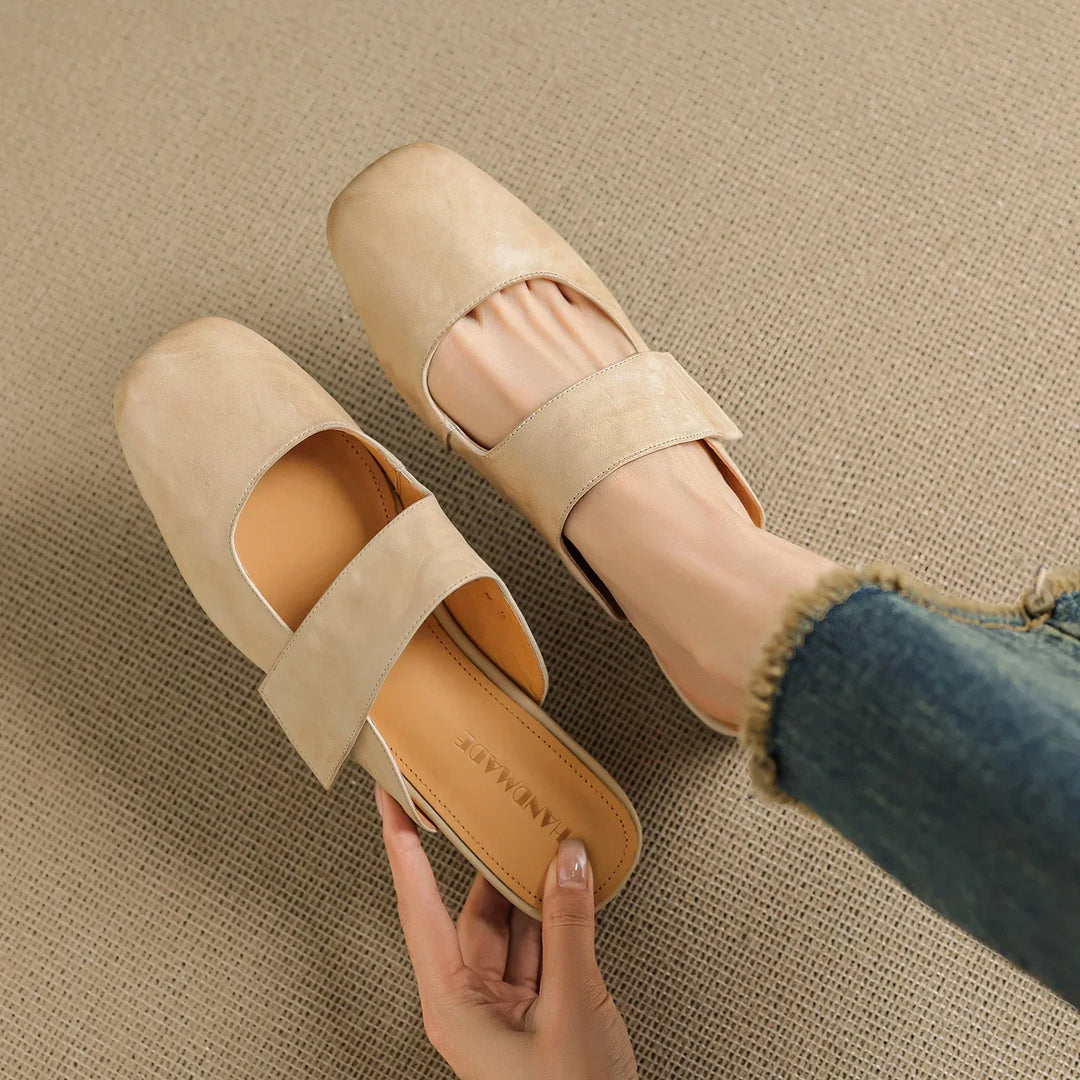 Yena | Leather Square Toe Chunky Heel Mules