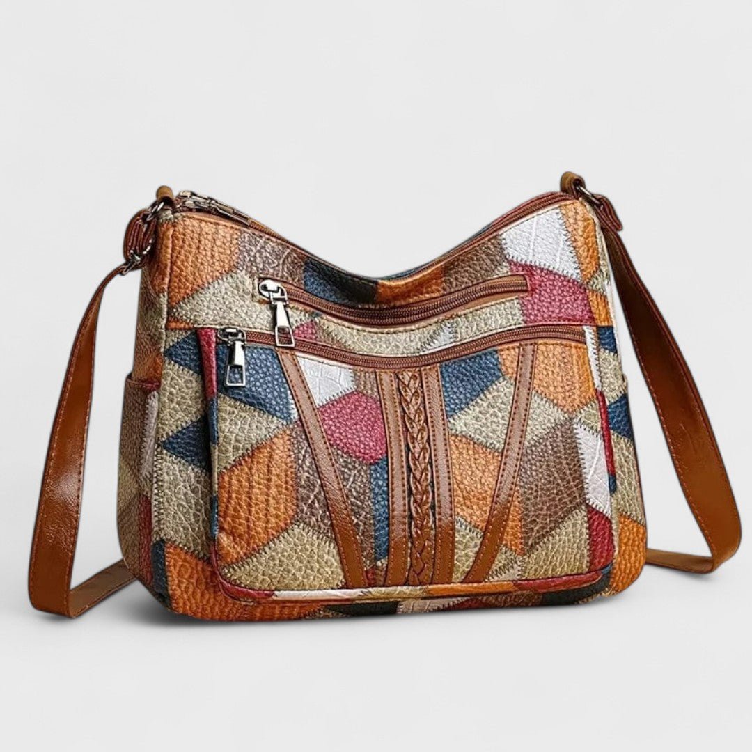 Sola Mosaic Bag featuring an artistic patchwork design with vibrant colors and intricate patterns, perfect for adding a unique touch to any outfit. - 3