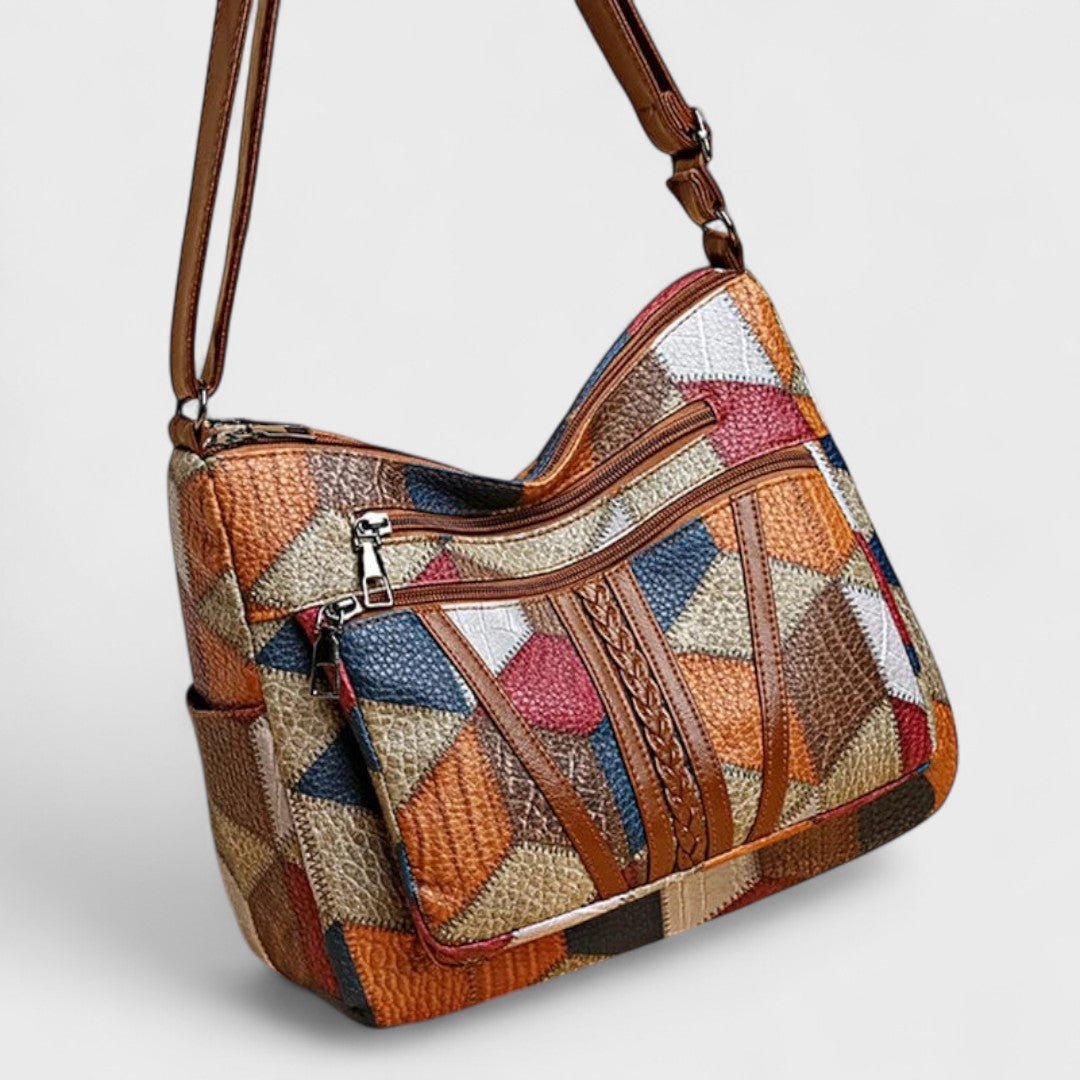 Sola Mosaic Bag featuring an artistic patchwork design with vibrant colors and intricate patterns, perfect for adding a unique touch to any outfit. - 4