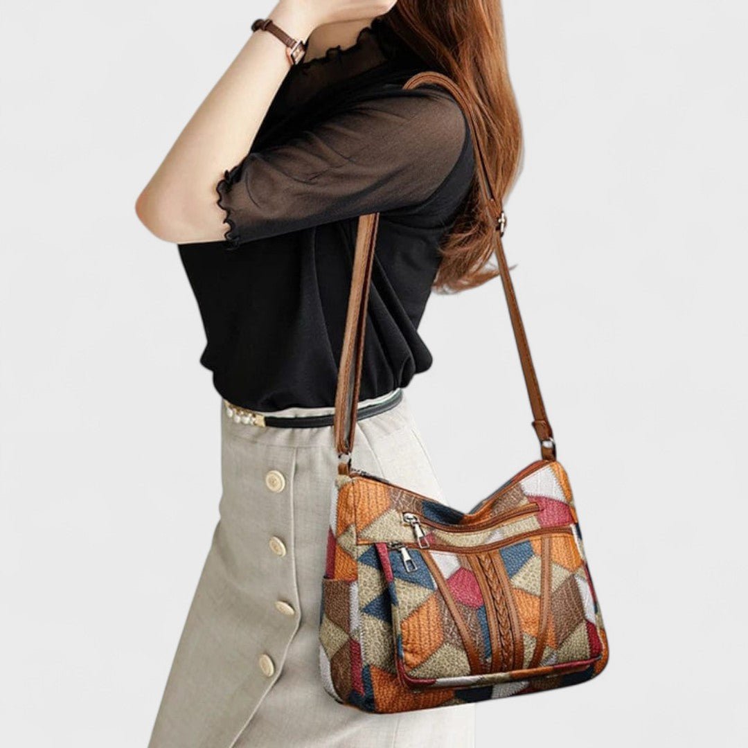 Sola Mosaic Bag featuring an artistic patchwork design with vibrant colors and intricate patterns, perfect for adding a unique touch to any outfit. - 6