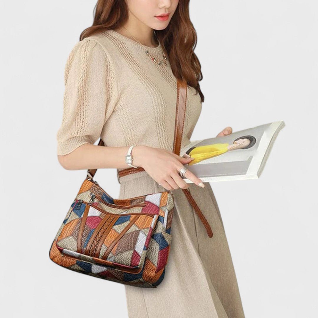 Sola Mosaic Bag featuring an artistic patchwork design with vibrant colors and intricate patterns, perfect for adding a unique touch to any outfit. - 7