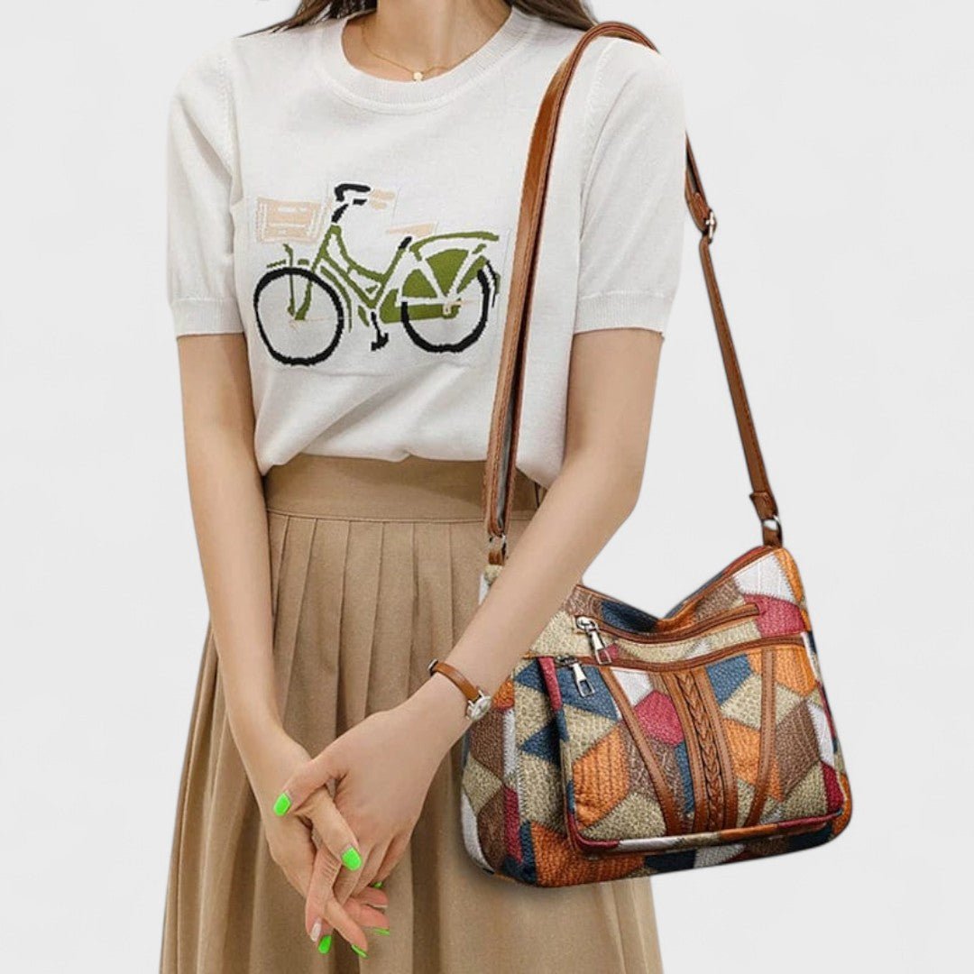Sola Mosaic Bag featuring an artistic patchwork design with vibrant colors and intricate patterns, perfect for adding a unique touch to any outfit. - 8