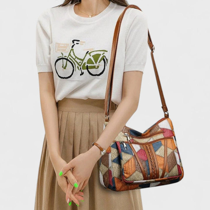 Sola Mosaic Bag featuring an artistic patchwork design with vibrant colors and intricate patterns, perfect for adding a unique touch to any outfit. - 8