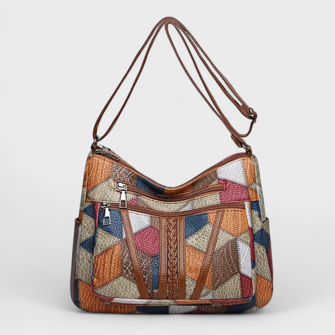 Sola Mosaic Bag featuring an artistic patchwork design with vibrant colors and intricate patterns, perfect for adding a unique touch to any outfit. - 2