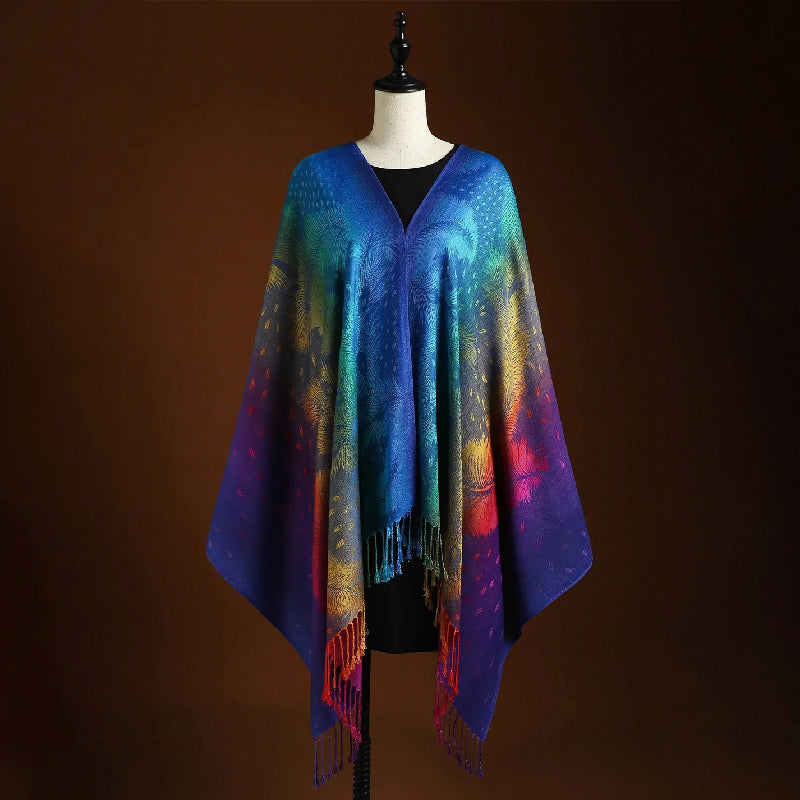 Women’s Multicolor Jacquard Woven Scarf with Feather Design