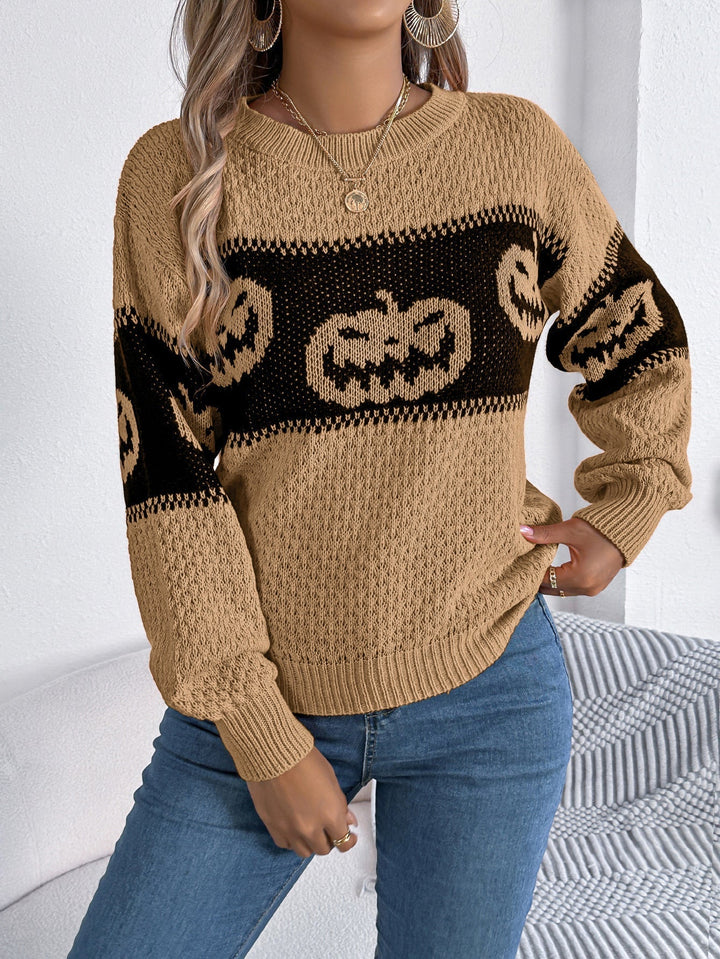 Women's Halloween Sweater, Pumpkin Motif, Crew Neck Knit