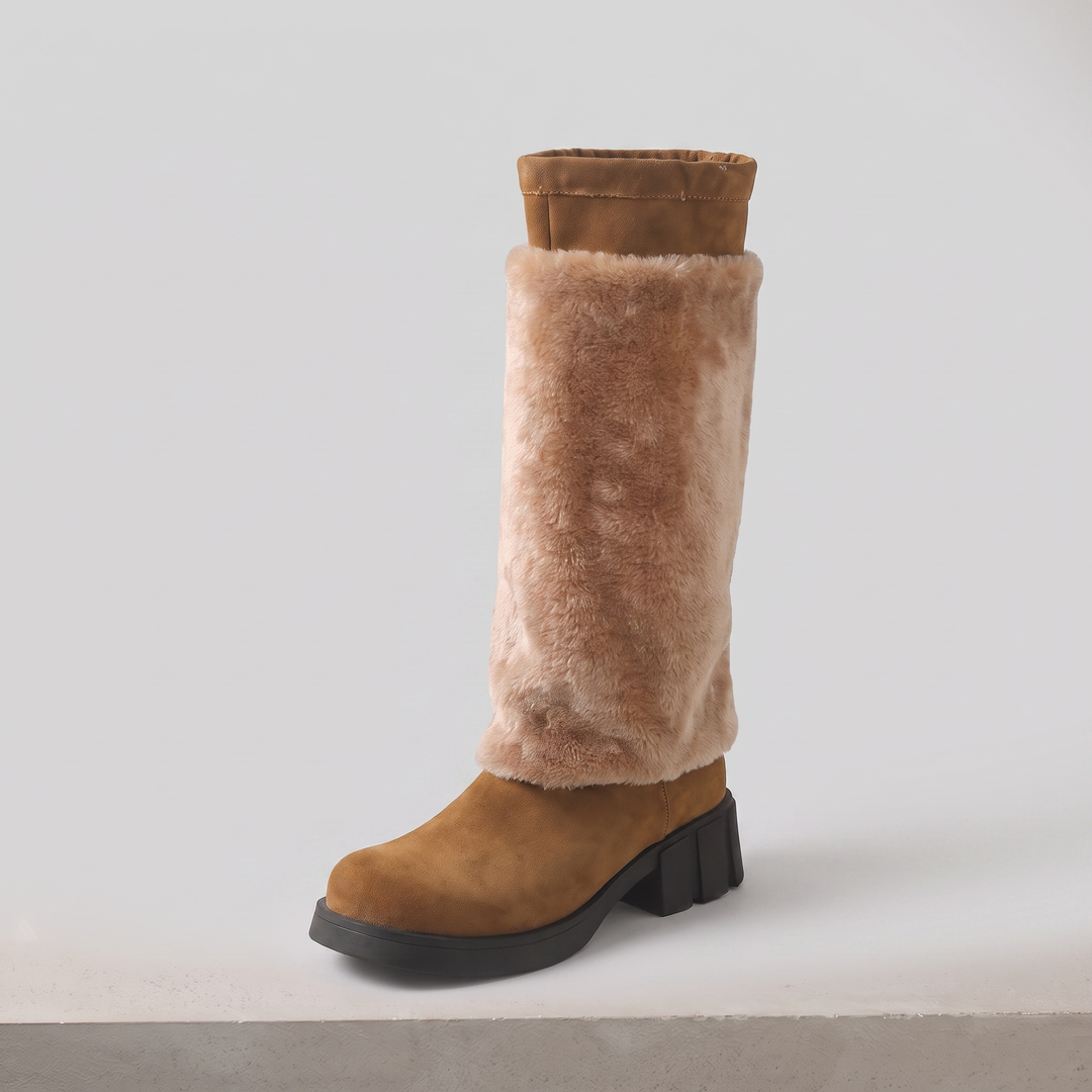 Alpi faux fur chunky heel mid-calf boot in brown