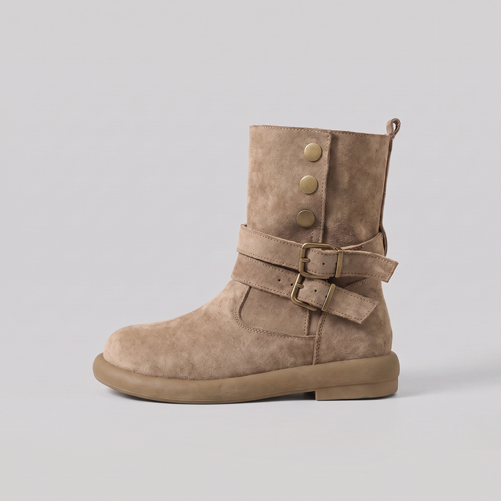 Calderon suede-touch buckle strap ankle boot in beige