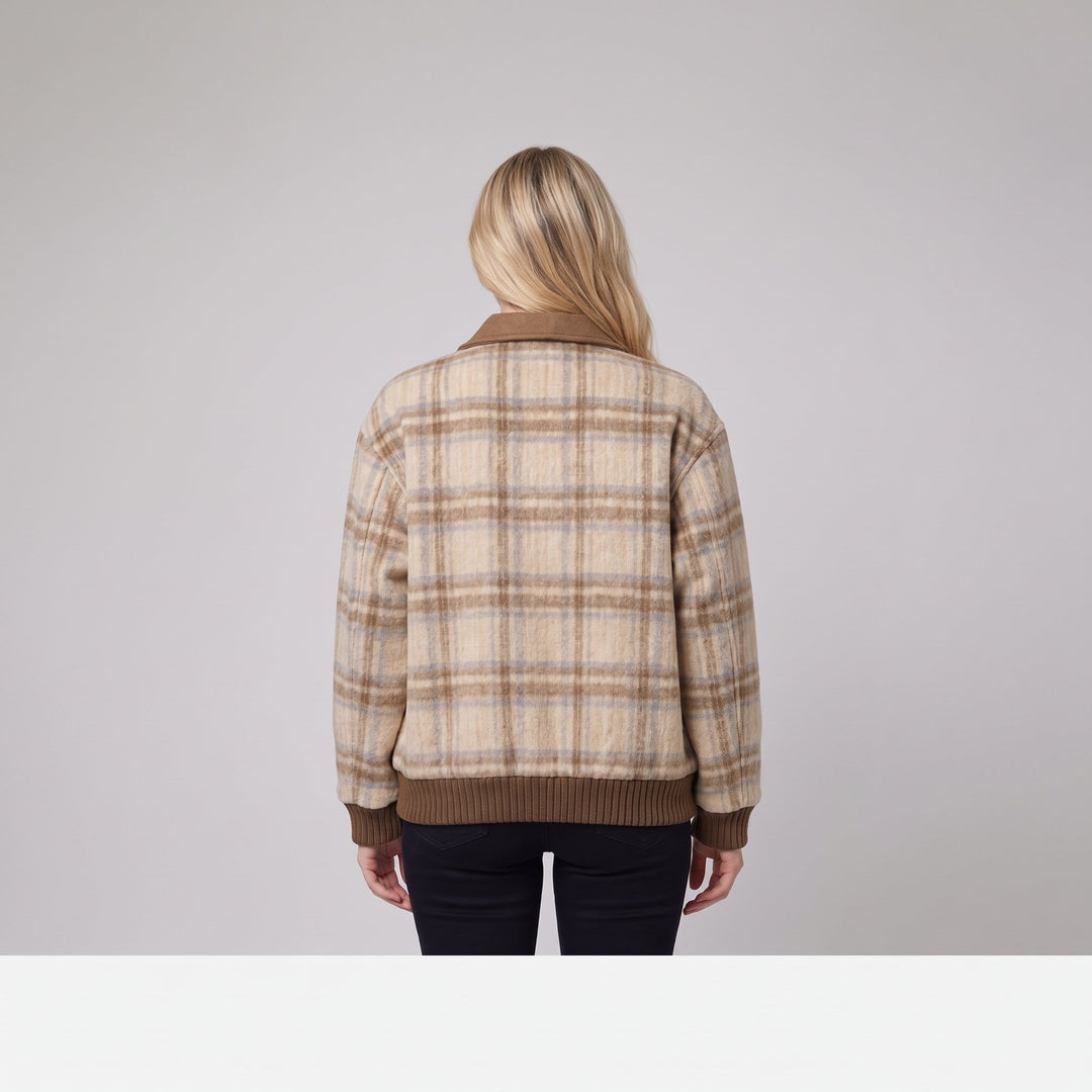 Back view of the beige checked plaid bomber jacket