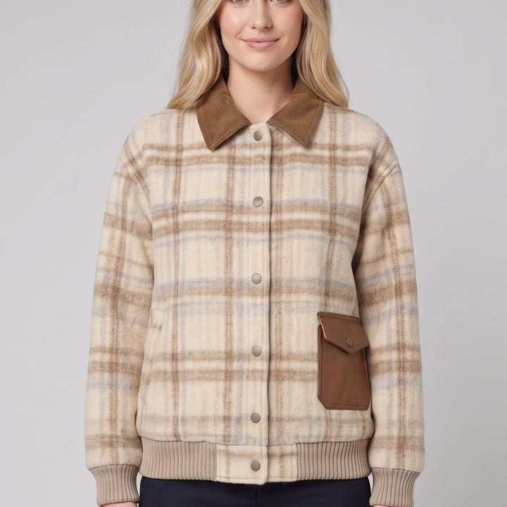 Beige check bomber jacket close-up, front