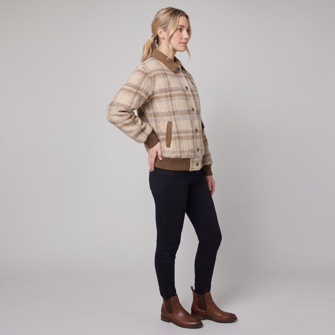 Beige plaid bomber jacket three-quarter side view