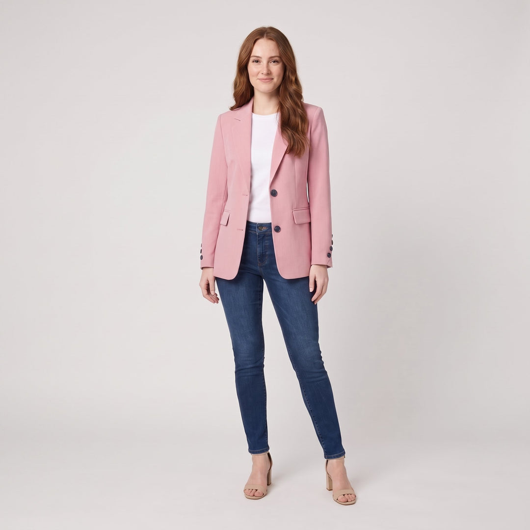 Woman wearing a soft pink classic tailored blazer, front view