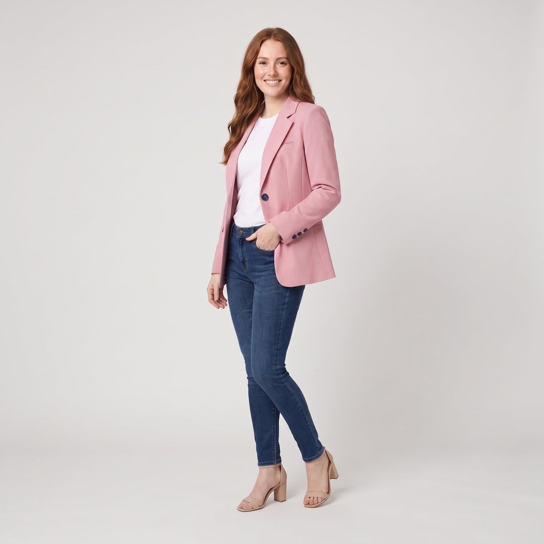 Soft pink blazer three-quarter side view