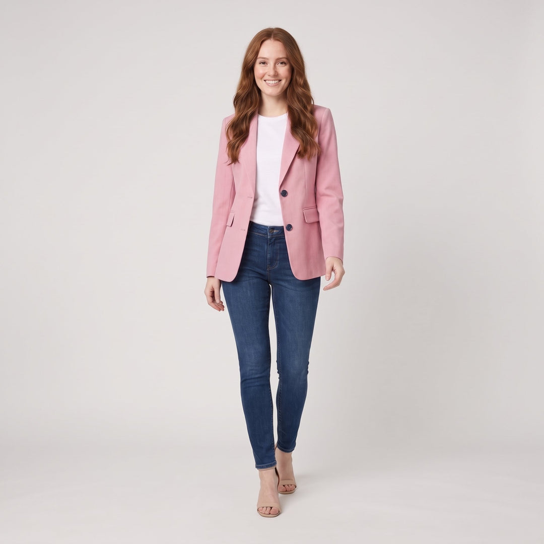 Soft pink blazer in a walking pose