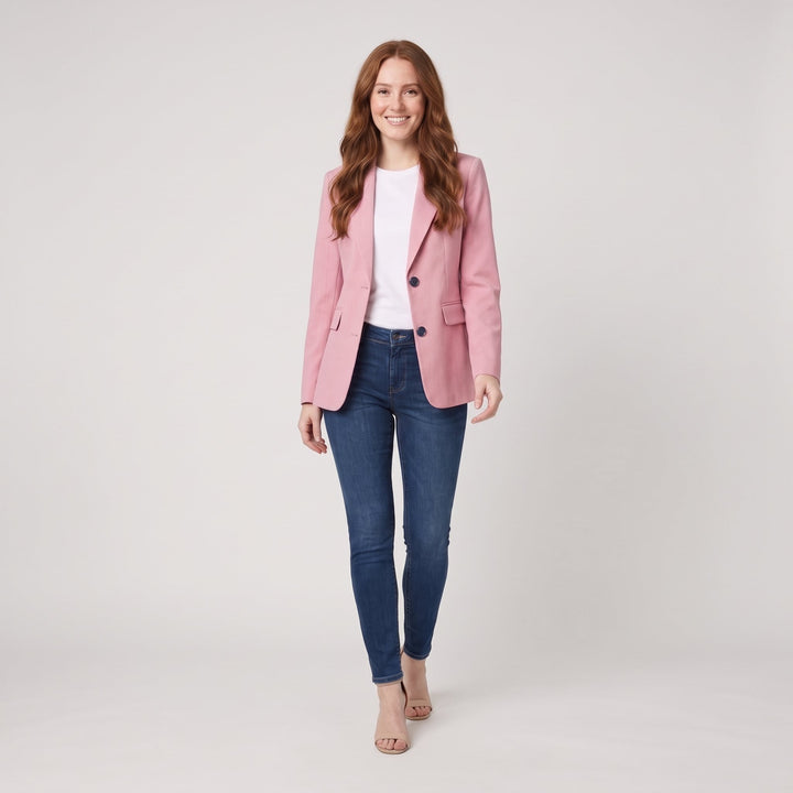 Soft pink blazer in a walking pose