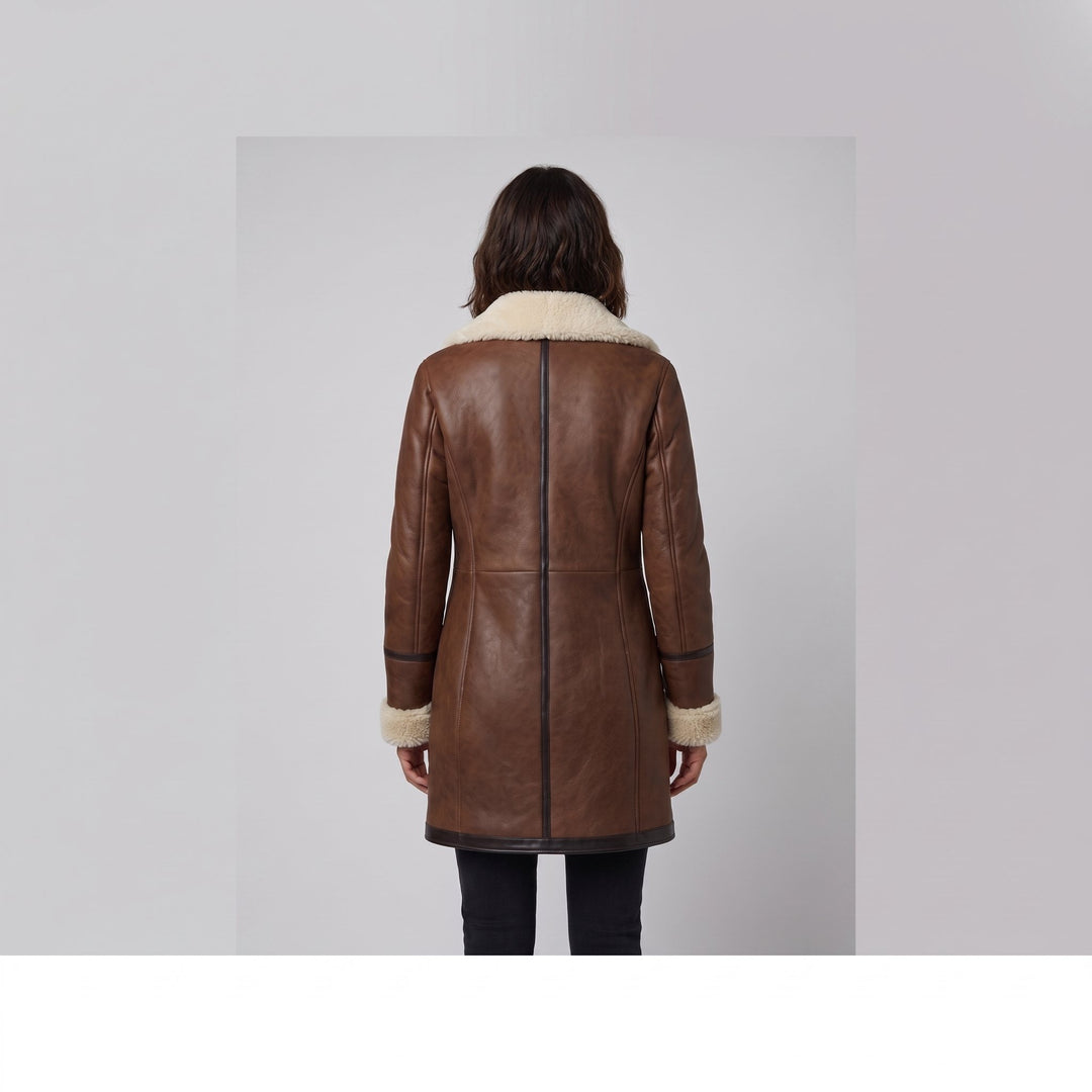 Women's brown contrast-collar winter coat back