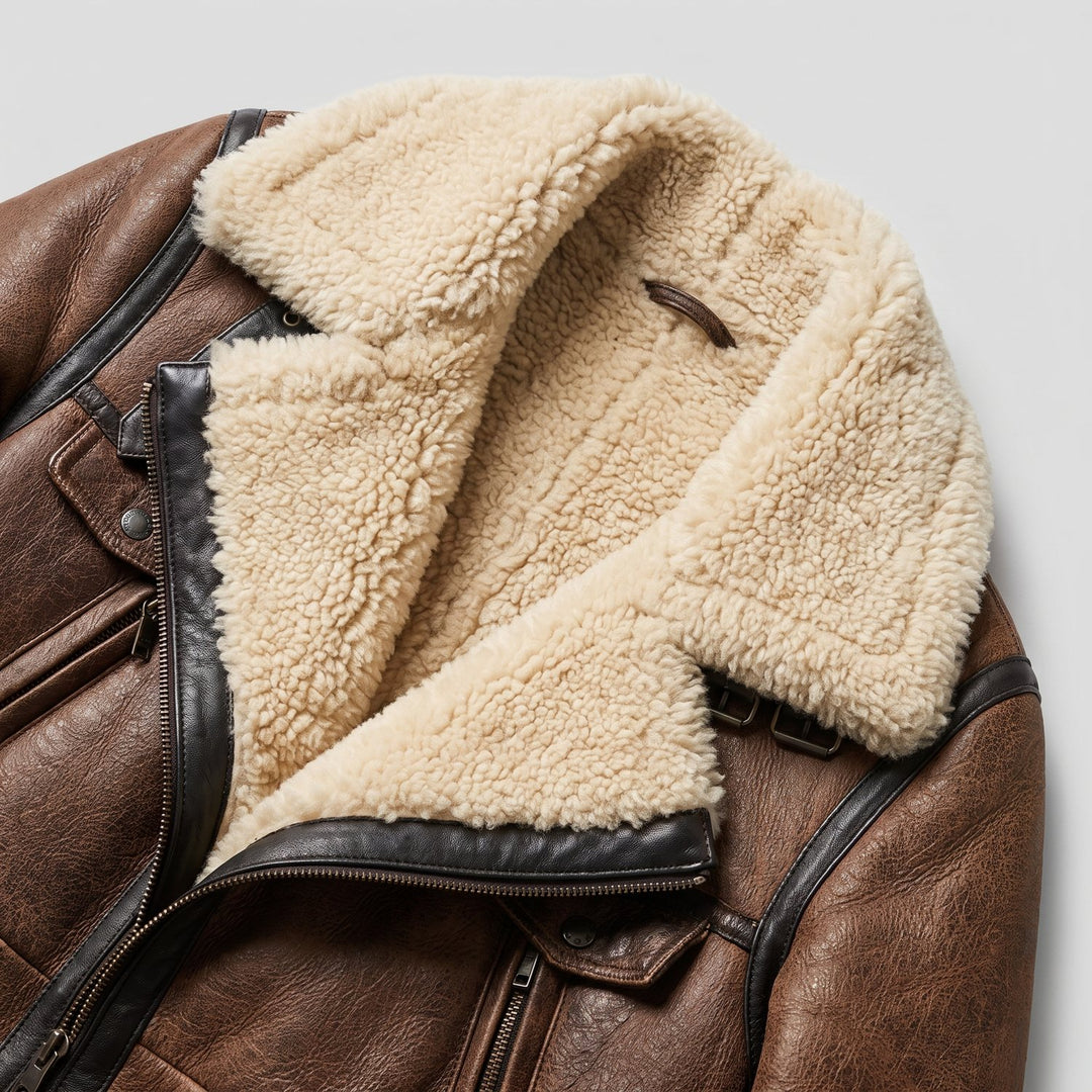 Women's brown contrast-collar winter coat fabric close-up