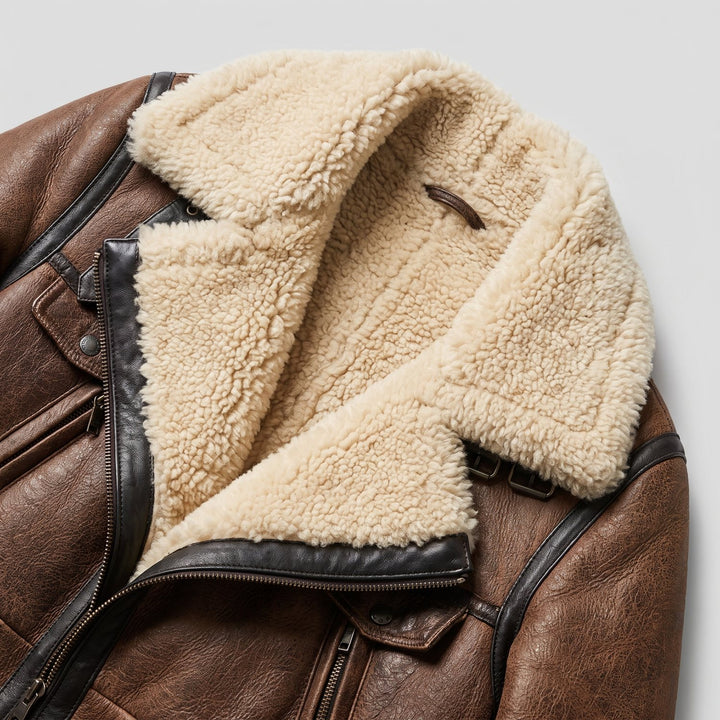 Women's brown contrast-collar winter coat fabric close-up