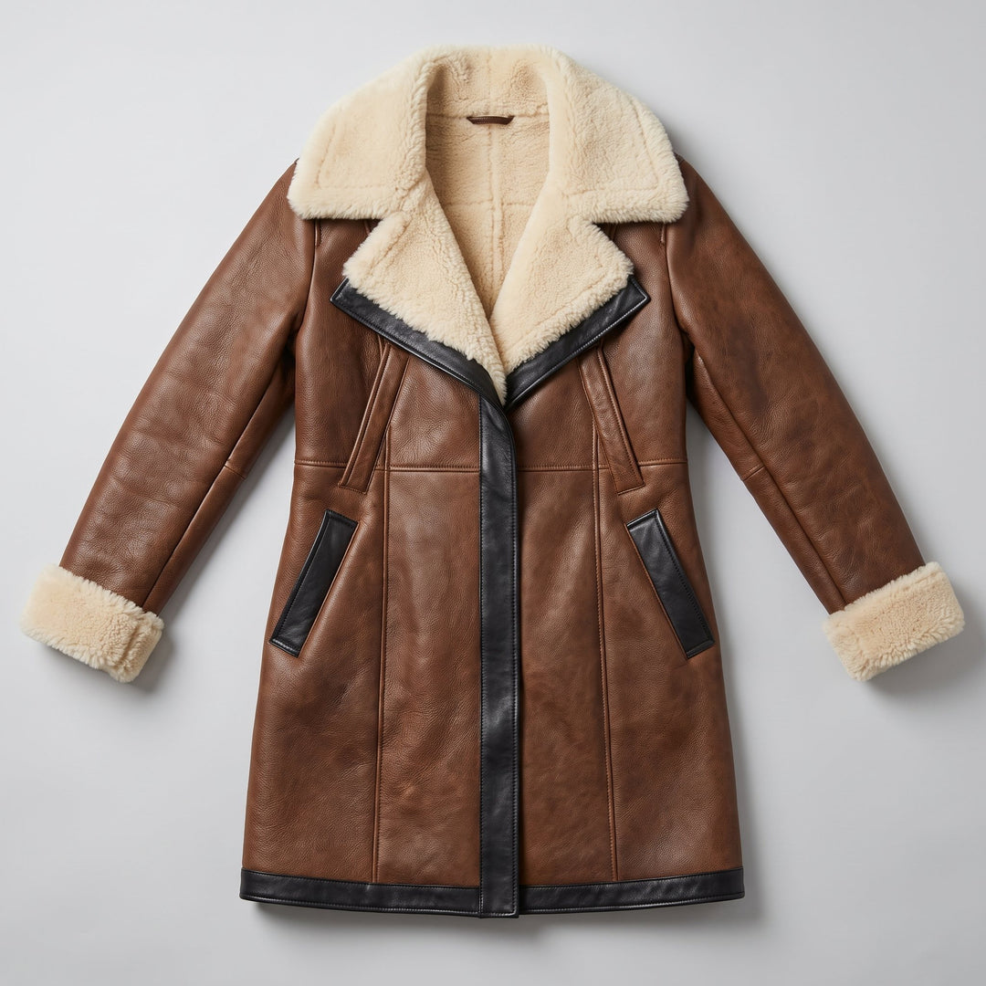 Women's brown contrast-collar winter coat flat lay