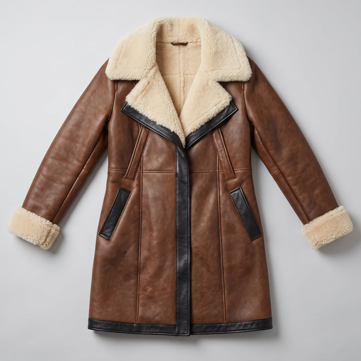 Women's brown contrast-collar winter coat flat lay