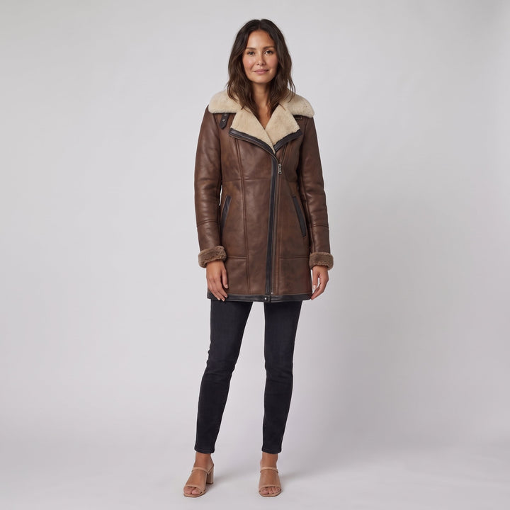 Women's brown contrast-collar winter coat front