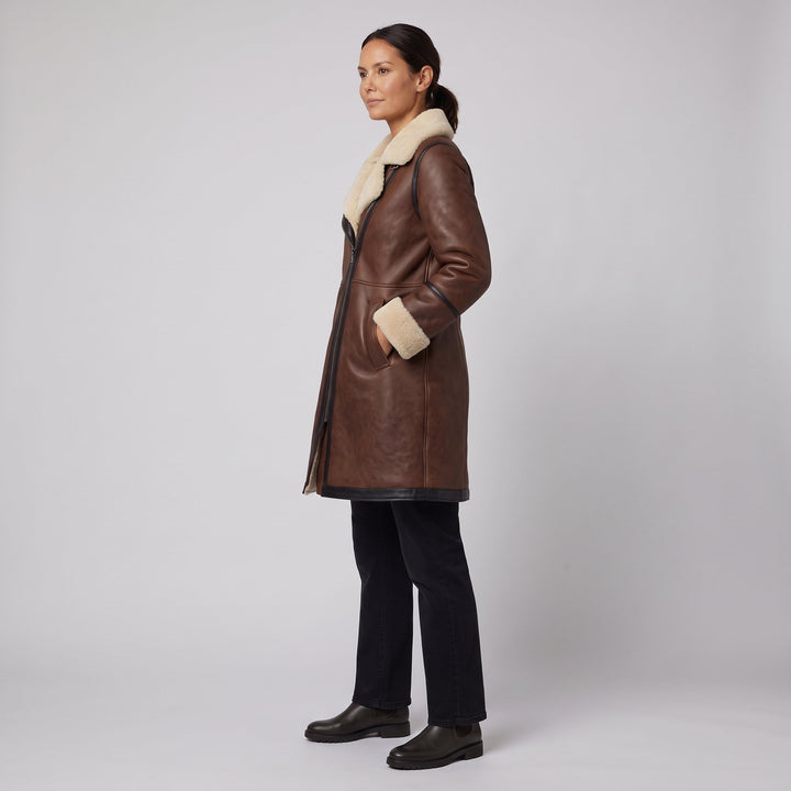 Women's brown contrast-collar winter coat side