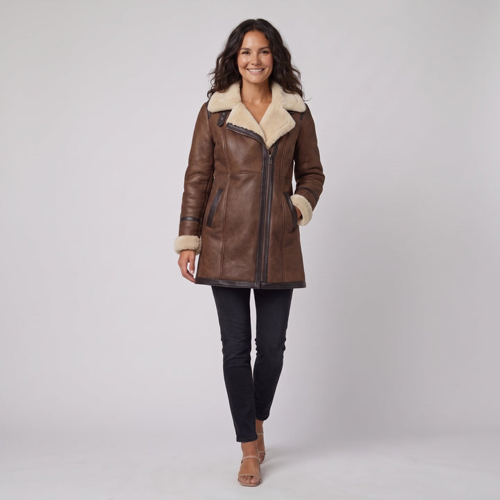 Women's brown contrast-collar winter coat walking