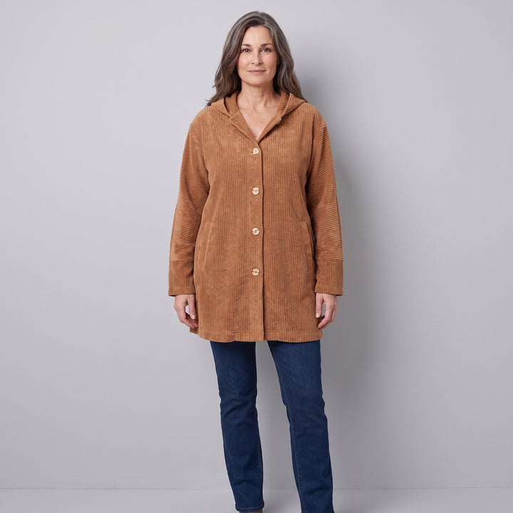 Woman wearing a khaki corduroy hooded jacket, front view