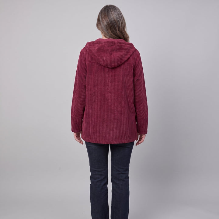 Back and hood view of the burgundy corduroy jacket
