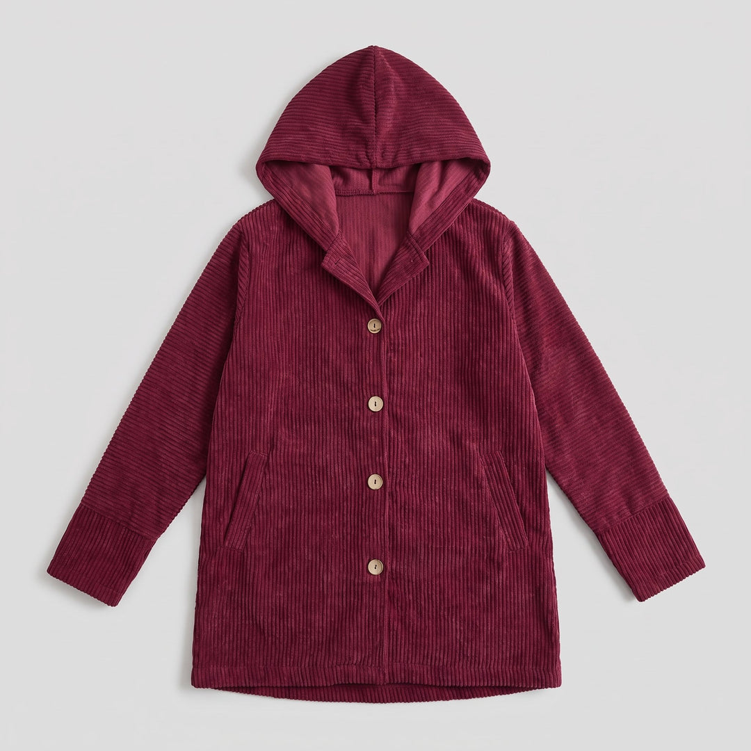 Flat-lay of the burgundy corduroy hooded jacket