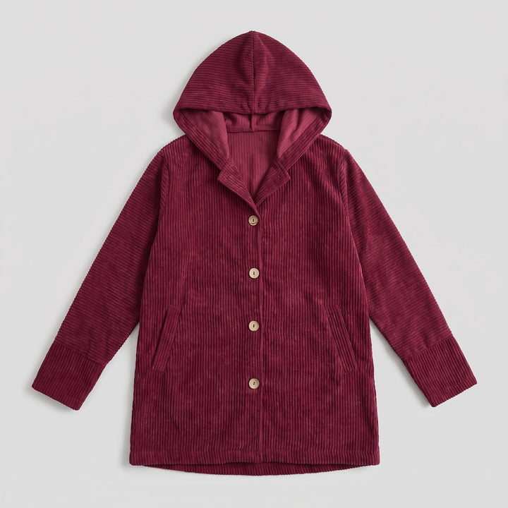 Flat-lay of the burgundy corduroy hooded jacket