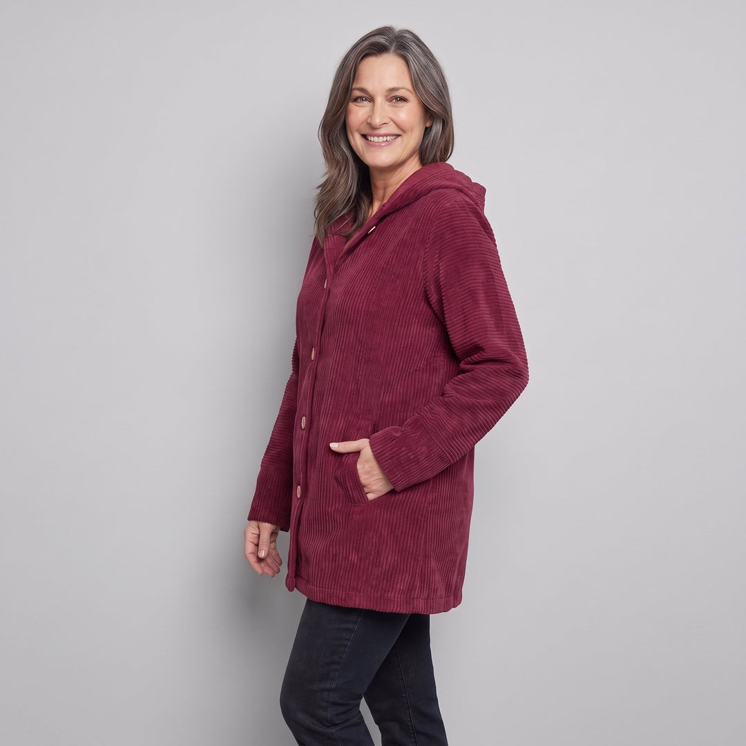 Burgundy corduroy hooded jacket three-quarter side view