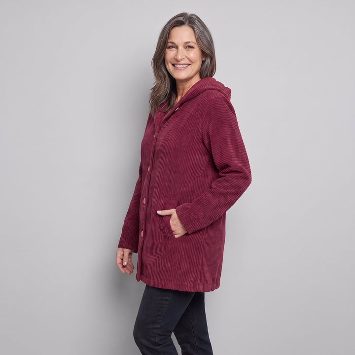 Burgundy corduroy hooded jacket three-quarter side view