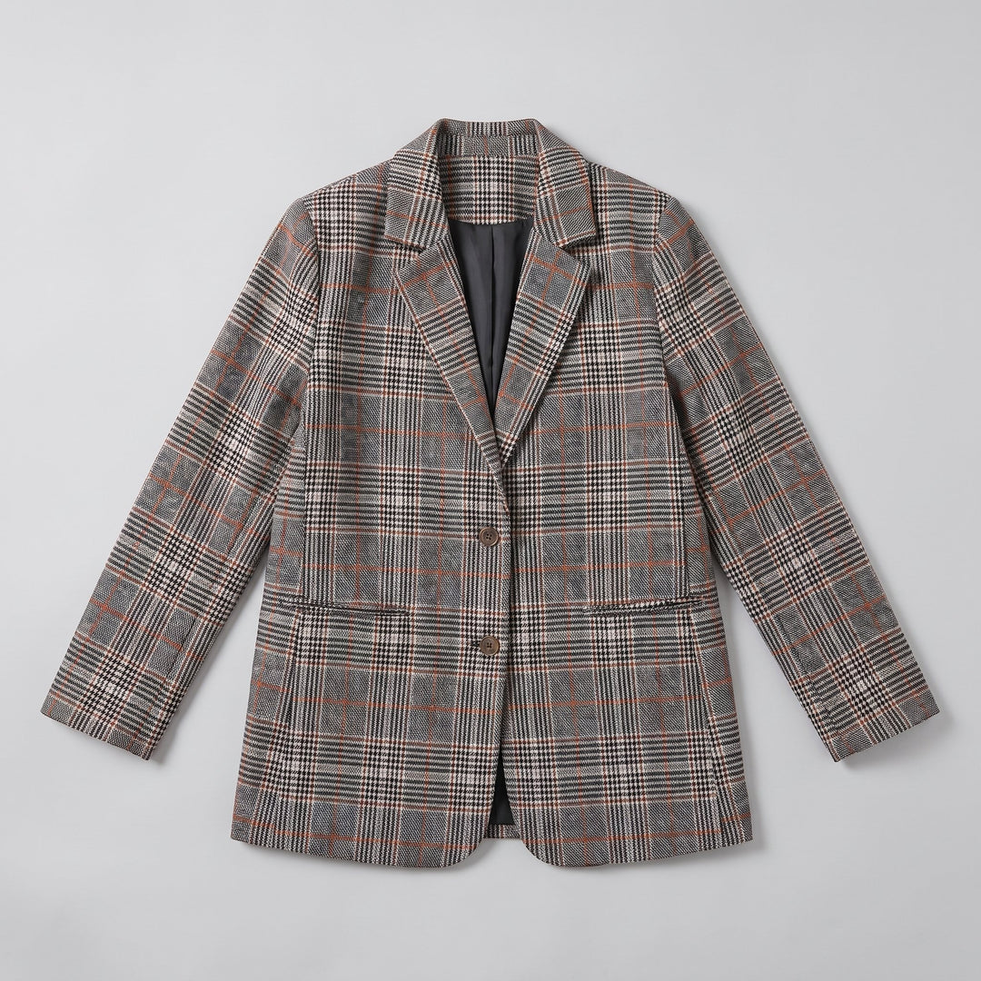 Flat-lay of the grey glen-check blazer with brown overcheck