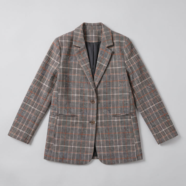 Flat-lay of the grey glen-check blazer with brown overcheck
