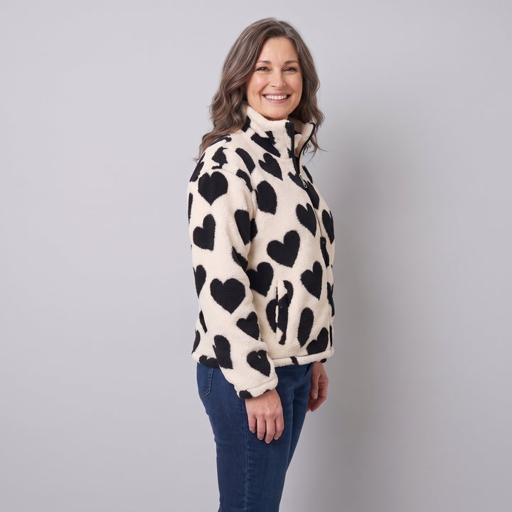 Cream sherpa heart jacket three-quarter side view