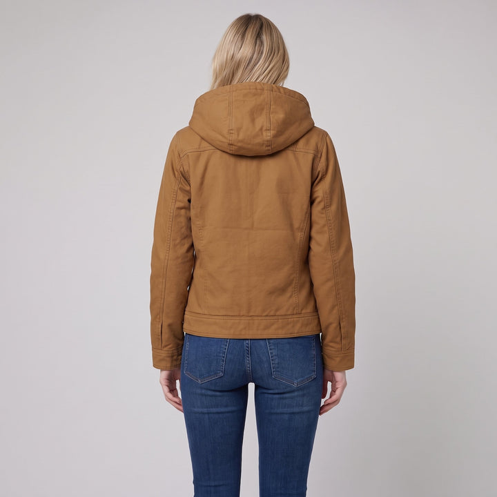 Back and hood view of the brown canvas field jacket