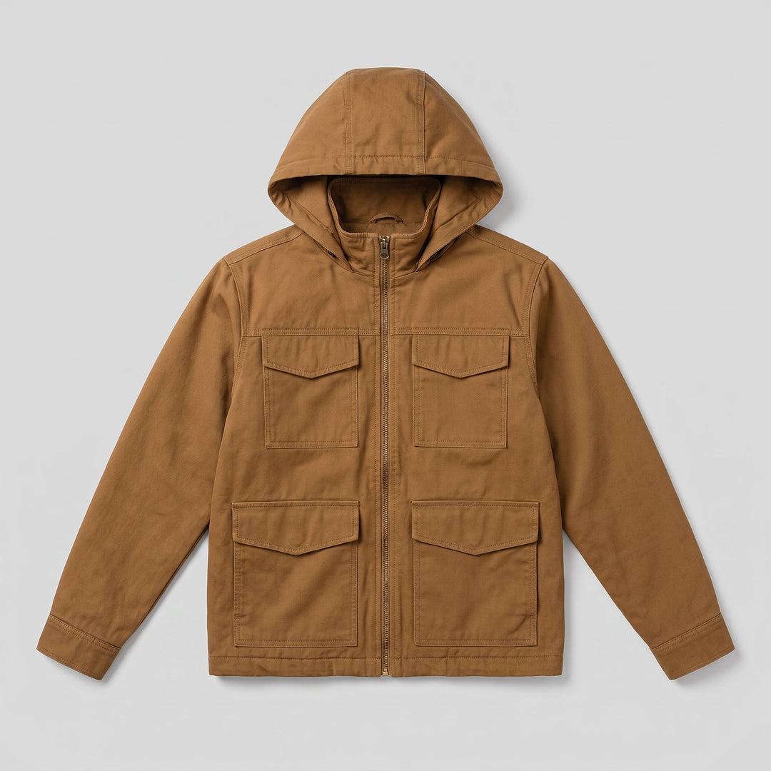 Flat-lay of the brown canvas hooded field jacket