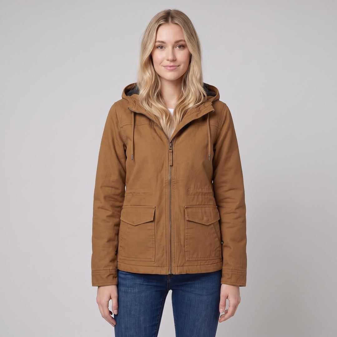 Woman wearing a brown canvas hooded field jacket, front view