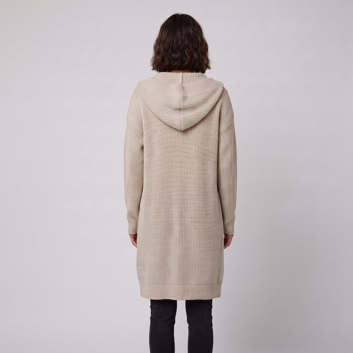 Back and hood view of the beige knit cardigan-coat