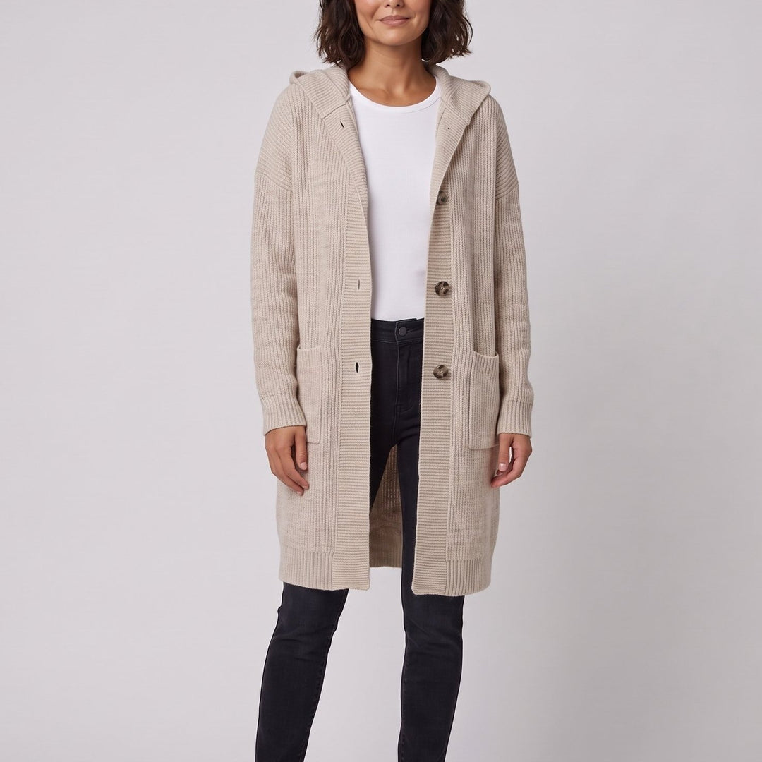Hooded knit cardigan-coat close-up, front