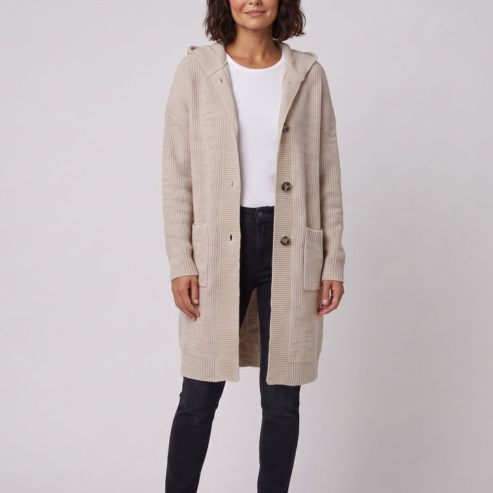 Hooded knit cardigan-coat close-up, front