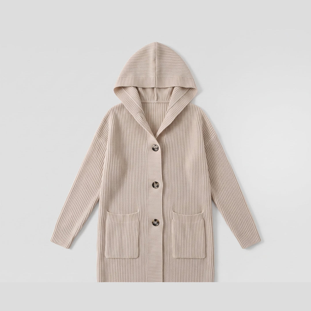 Hooded knit cardigan-coat flat-lay